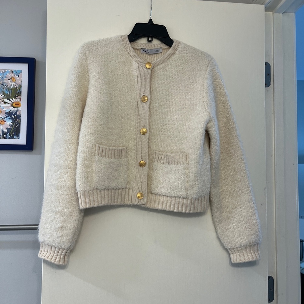 Zara Cream Button-Up Textured Cardigan with Gold Buttons
